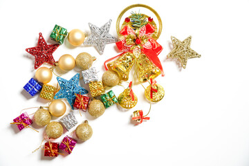 christmas decoration on white background, christmas tree and ornaments,copy space, New Year's lights, flat lay.