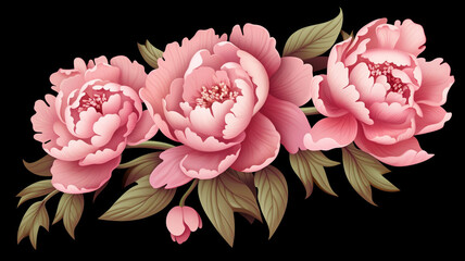 Peonies with leaves. Floral elements for design wallpaper