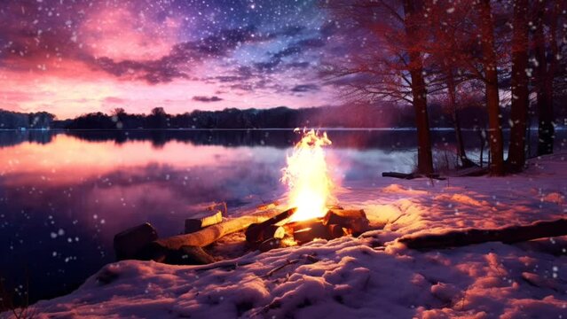 Nature scenery in the mountains with a Campfire by the lake in winter. seamless looping  time-lapse virtual video animation background. Generative AI
