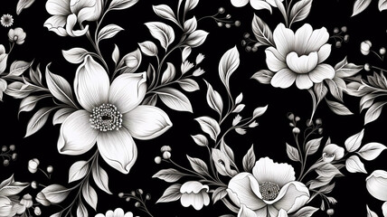 Vintage seamless black and white floral pattern wallpaper illustration