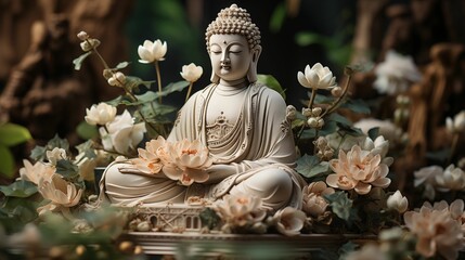 Image of a statue of Buddha surrounded by delicate lotus flowers.