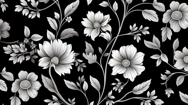 Vintage seamless black and white floral pattern background