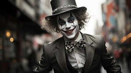 Grinning Performer in Top Hat and Joker Makeup on Bustling City Street