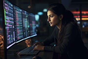 Young woman working with computer systems in a high tech office environment