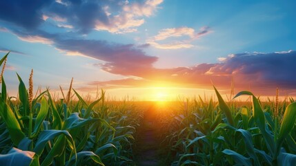 Sunrise beauty over corn field, agricultural background. Sunset over corn field