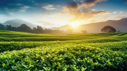 Sunset beauty over tea field with blue sky, agricultural background  - obrazy, fototapety, plakaty