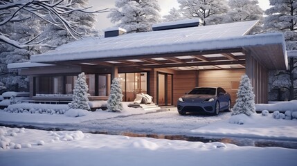 3D rendering of a modern house with a carport. House in the winter in the snow. .