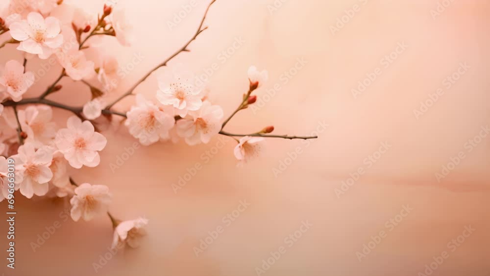 Poster closeup of a peach fuzz colored backdrop adorned with delicate peach blossoms, creating a dreamy and