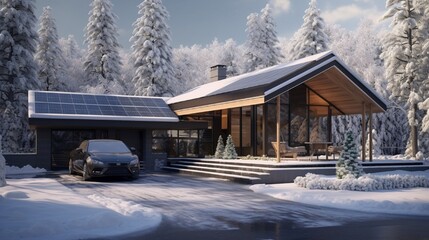 3D rendering of a modern house with a carport. House in the winter in the snow. .