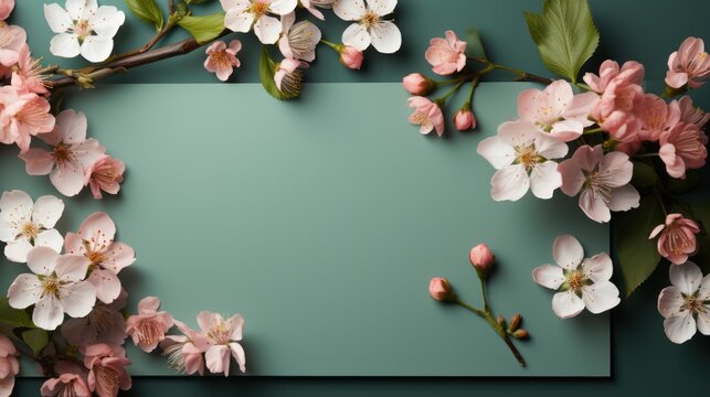 Cherry tree blossom branch on green background flat lay. Pink flowering buds top view template web banner copy space