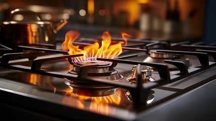 Image of the gas stove in the kitchen. - obrazy, fototapety, plakaty