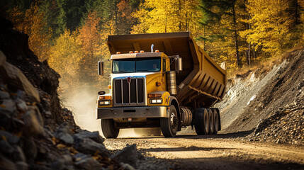 Dump Truck Maneuvering Through Rugged Terrain, Transporting Rocks