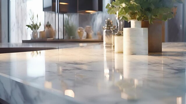 Up close shot of the polished marble countertops in the jets kitchen area, providing a touch of sophistication.