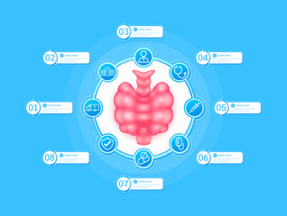 Thyroid gland health care infographic with presentation timeline steps medical research. And stethoscope, syringe, saline, drug, ambulance car, doctor. Style icons on blue background. Vector.