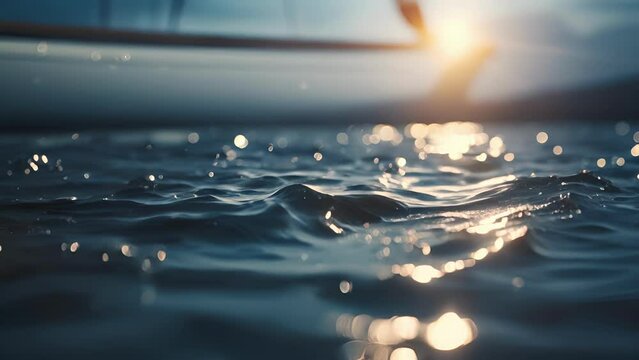 Closeup of the sparkling water below as the sailboat glides through the calm, moonlit sea.