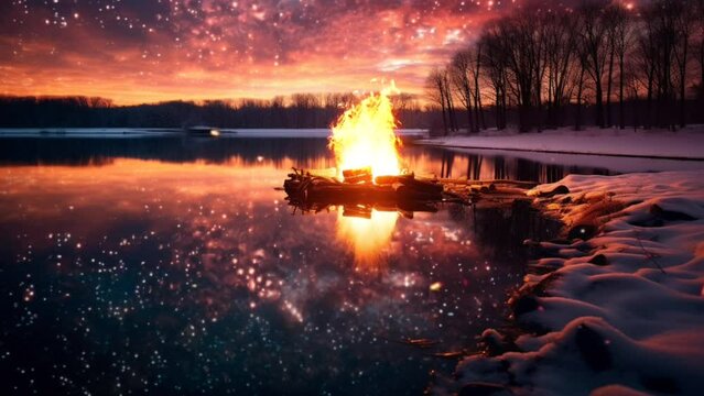 Nature scenery in the mountains with a Campfire by the lake in winter. seamless looping  time-lapse virtual video animation background. Generative AI
