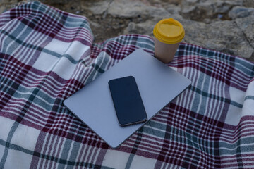 Laptop coffee on blanket with ocean view. Illustrating serene outdoor laptop use. Freelancer enjoying their time outdoors while working or browsing the internet.