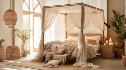 layerd boho bed with textured bed spread and canopy