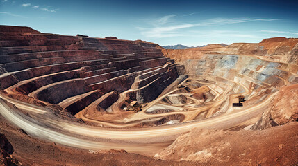 Aerial Perspective of the Vast and Unfolding Depths of a Majestic Open-Pit Mine, Where Nature Meets Industry - obrazy, fototapety, plakaty