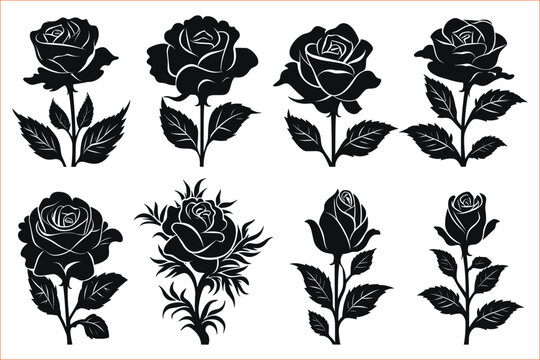 Rose flower Silhouettes set, Rose flowers Collection, Silhouettes of roses, Flower silhoutte. Vector illustration	