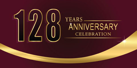 128th Year anniversary celebration background. Golden lettering and a gold ribbon on dark maroon background,vector design for celebration, invitation card, and greeting card.