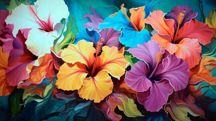 A symphony of hibiscus blooms, each a vibrant splash of color amidst lush greenery.