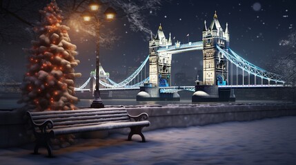 A winter landscape of benches and street lamps near Tower Bridge in London,.