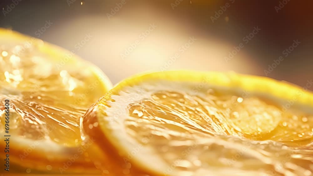 Poster closeup of a sparkling tail, bubbling with effervescence and a slice of lemon perched on the edge of