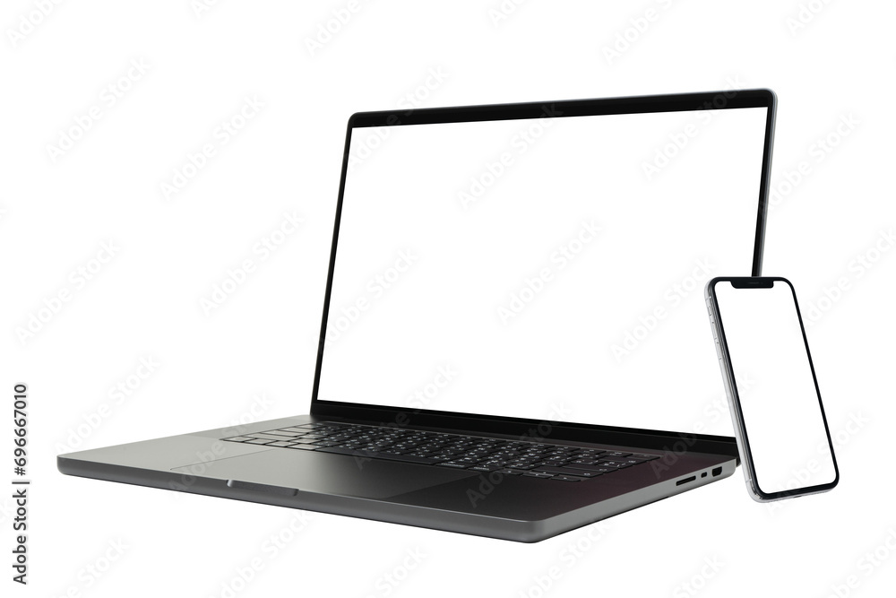 Aufkleber laptop and smart phone with blank screen isolated on transparent background with clipping path.