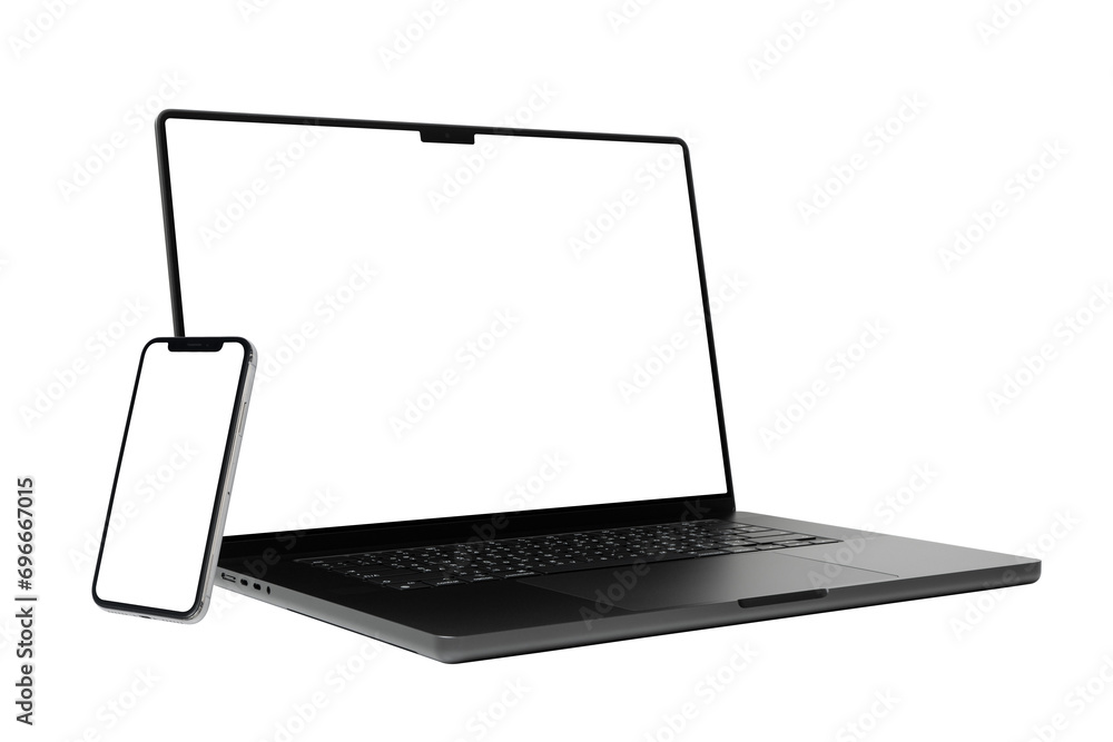 Poster laptop and smart phone with blank screen isolated on transparent background with clipping path.