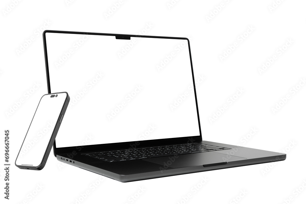 Poster laptop and smart phone with blank screen isolated on transparent background with clipping path.