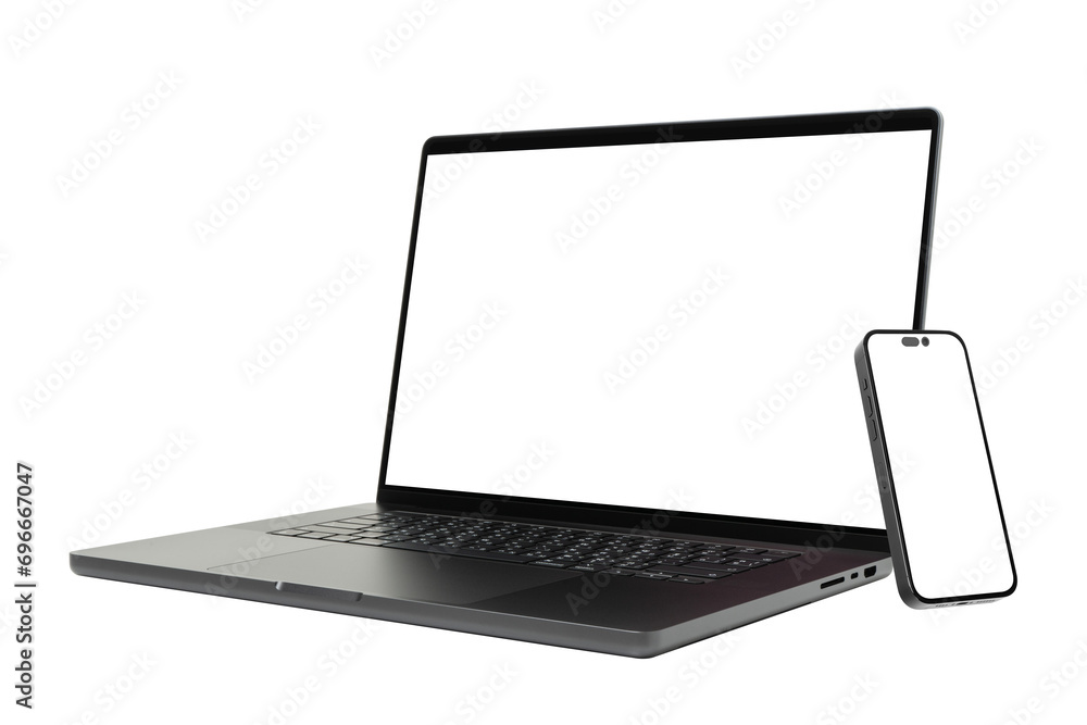 Aufkleber laptop and smart phone with blank screen isolated on transparent background with clipping path.