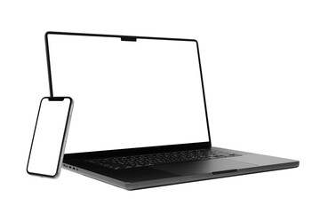 Laptop and smart phone with blank screen isolated on  transparent background with clipping path. - obrazy, fototapety, plakaty