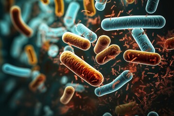 Micro-organisms bacteria germs virus floating on a dark background illustration - obrazy, fototapety, plakaty