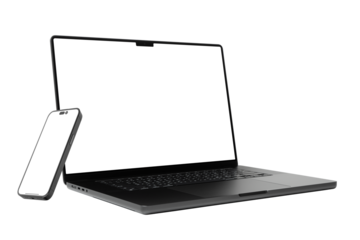 Laptop and smart phone with blank screen isolated on transparent background with clipping path.