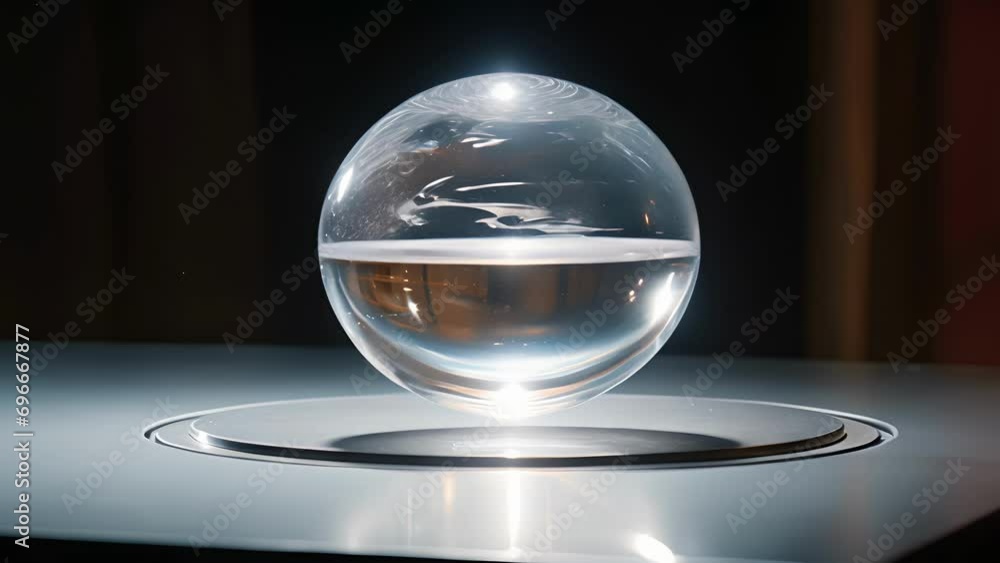 Poster an upclose view of a levitating ball of water, formed by the precise control of sound waves to creat