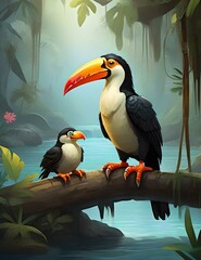 illustration of a toucan bird standing on a tree branch with its young on the river bank PNG - obrazy, fototapety, plakaty