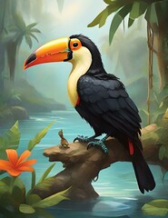 a charismatic toucan bird perched on a branch by the river PNG - obrazy, fototapety, plakaty