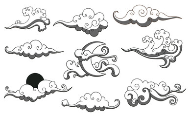 Set of hand drawn cloud with Chinese new year.Sun Chinese Template Illustration, Banner poster Oriental.