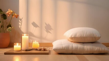 Closeup of a peaceful meditation corner in a Japanese minimalist studio, with a Peach Fuzz floor cushion and candles for ambiance.