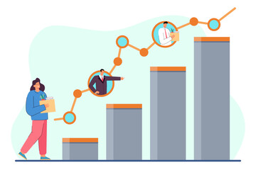Bar chart with rising unemployment level vector illustration. Woman and man with carton boxes leaving office. Executive manager firing employees. Job cuts, dismissal of worker concept