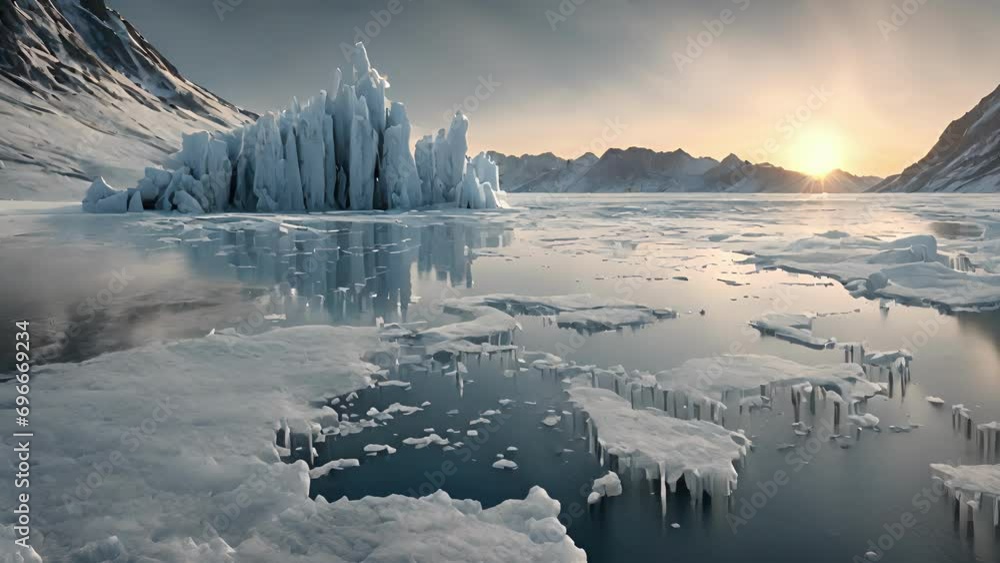 Poster closeup melting frozen lake, showcasing unique complex network columnar jointing remaining chunks ic
