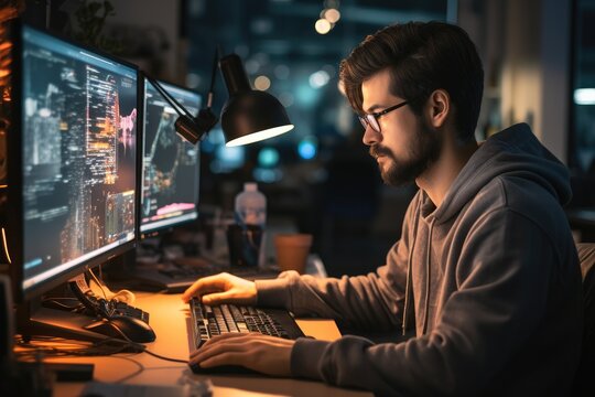Guy who is programming a software tool in the office. Generative AI.