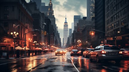 Traffic on the street at dusk.