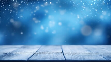 beautiful blue blurred background of winter and shabby table .
