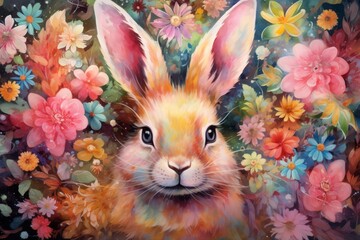 Enchanting watercolor scene of a fluffy bunny surrounded by a kaleidoscope of flowers, each petal...