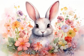 Whimsical watercolor portrait of a precious rabbit, playfully frolicking amidst an array of...