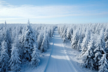 Fototapeta na wymiar Drone photo of snow covered evergreen trees after a winter with a road