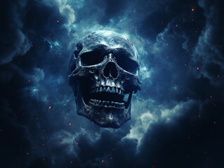 Smoked Skull Cloud Calamity Concept and Scary Abstract Digital Cloud Skull Image on a Blue Background