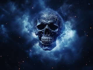 Smoked Skull Cloud Calamity Concept and Scary Abstract Digital Cloud Skull Image on a Blue Background